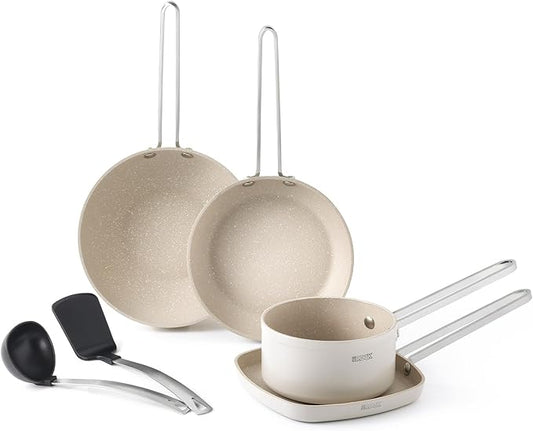 THE ROCK Single Serve Nonstick Pots and Pans Set, 6pc Portion Control Cookware Set with Rock.Tec, Scratch/Stain/Crack Proof, Oven & Dishwasher Safe, Perfect for Dorm, Camping & Small Kitchens, White