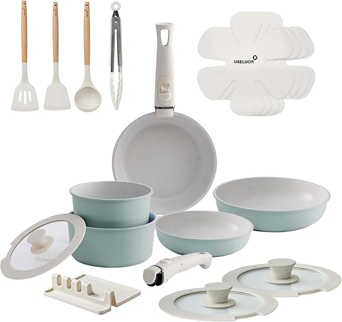 Pots and Pans Set Healthy Non toxic Non Stick Ceramic Cookware Set 21 Pcs Detachable Handles, Oven Safe, Induction Dishwasher, Stackable Frying Pan (PFOS, PFOA Free),Green