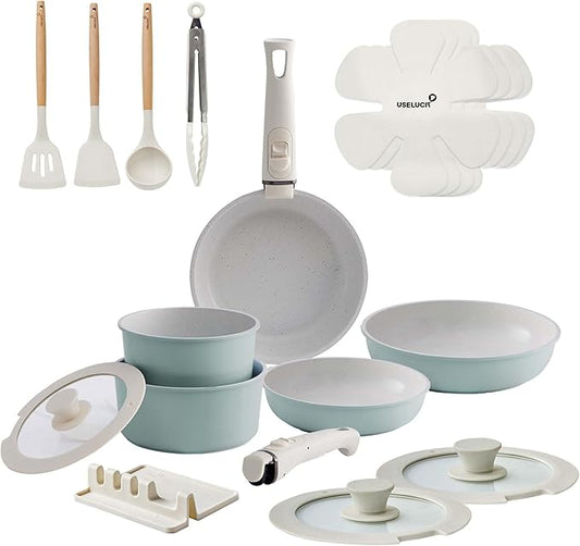 Pots and Pans Set Healthy Non toxic Non Stick Ceramic Cookware Set 21 Pcs Detachable Handles, Oven Safe, Induction Dishwasher, Stackable Frying Pan (PFOS, PFOA Free),Green