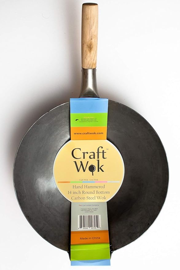 Craft Wok Traditional Hand Hammered Chinese Carbon Steel Wok with Wooden and Steel Helper Handle (14 Inch, Round Bottom Pow Wok Pan) / 731W88