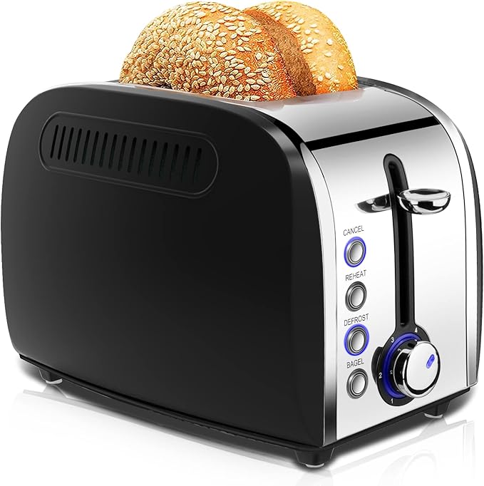 Toaster 2 Slices, Stainless Steel JEWJIO Retro Toaster with 1.5" Extra Wide Slot for 6 Bread Shades Setting/Bagel/Defrost/Reheat/Cancel Function/Removable Crumb Tray 800W, Matte Black