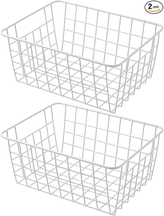 11" Upright Freezer Storage Baskets, White Wire Storage Bins Small Bakset for Freezer, Pantry, Bathroom Organizing, Set of 2