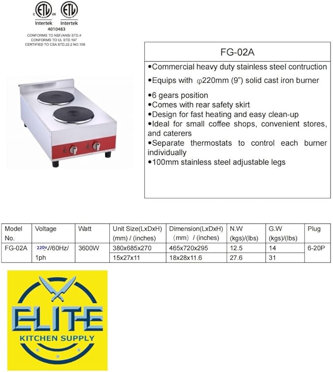 Commercial Double Hot Plate, 3600W Electric Burner, 9-inch Cast Iron Plates, 6 Heat Settings, Stainless Steel Construction FG-02A ETL