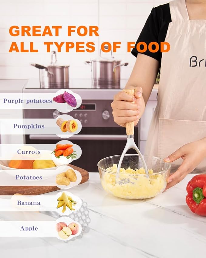 Brigii Potato Masher with Wooden Handle, Manual Potato Press for Kitchen Tool, Aluminum Alloy Potato Ricer For Fluffy Mashed Potato