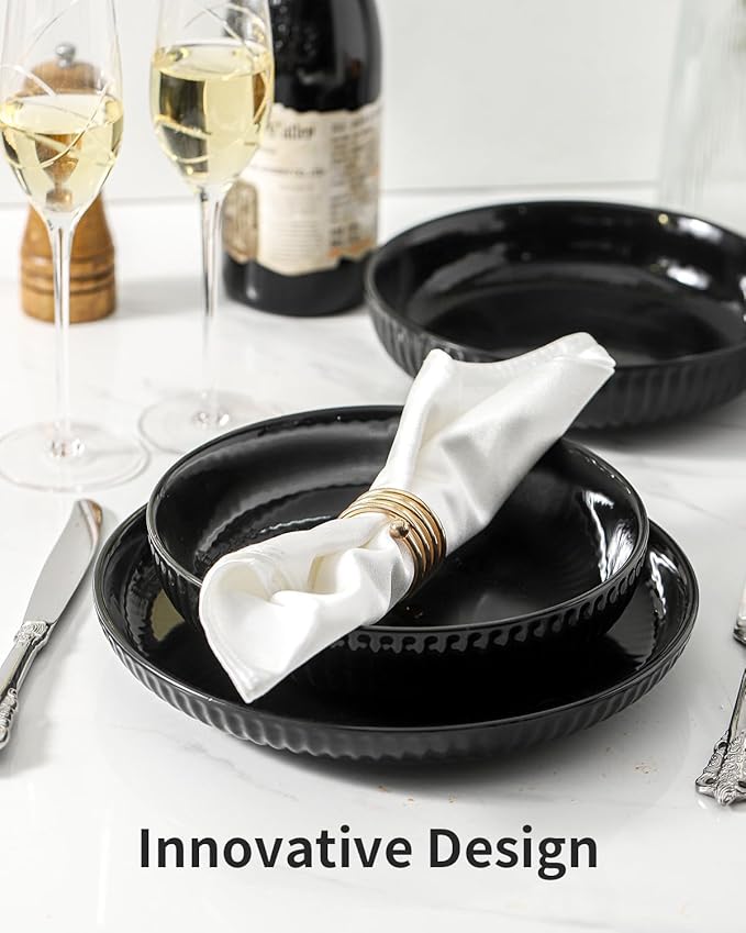 Hasense Pasta Bowls Set of 2, 30 oz Large Pasta Serving Bowls, 8 Inch Salad Bowls for Kitchen, Wide and Shallow Pasta Plates, Ideal Home Decor for Mother's Day Present, Microwave & Dishwasher, Black