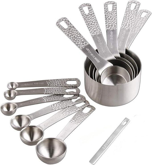 Measuring Cups and Spoons Set 12, Metric & US 18/8 Stainless Steel 5 Measuring Cups &6 Spoons &1 Leveler for Kitchen and Baking