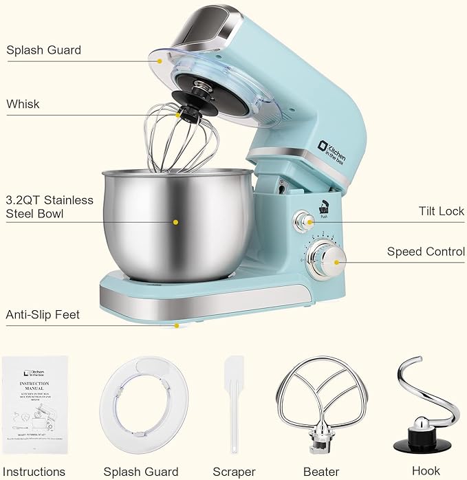 Kitchen in the box Stand Mixer,3.2Qt Small Electric Food Mixer,6 Speeds Portable Lightweight Kitchen Mixer for Daily Use with Egg Whisk,Dough Hook,Flat Beater (Blue)
