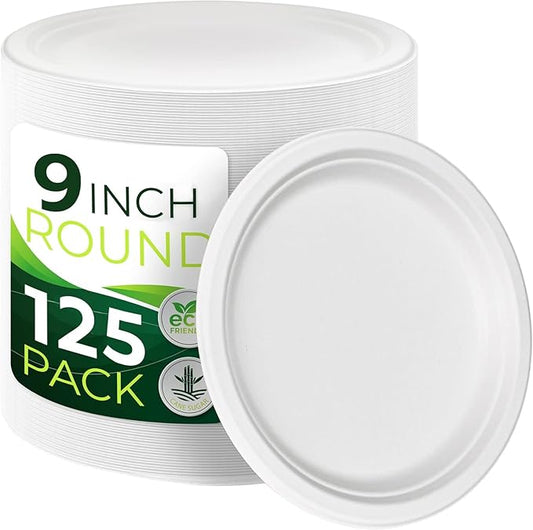 125 PCS 100% Compostable 9 in Paper Plates, Heavy Duty Disposable Plates, Eco Friendly Dinner Plates, Biodegradable Plates Made of Sugarcane Fiber