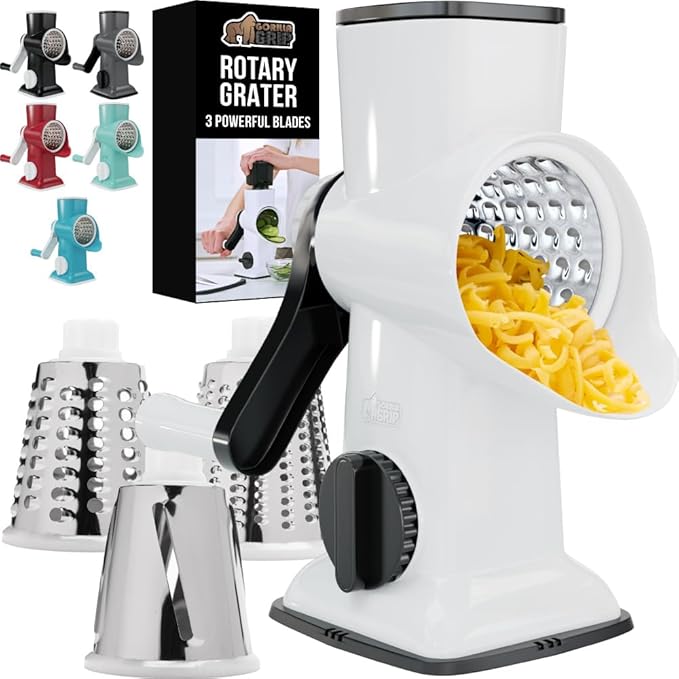 GORILLA GRIP BPA-Free Rotary Cheese Grater Hand Crank, Easy to Set Up, Strong Suction Base for Kitchen Countertop, Shred Potato, Vegetable, Nuts in Seconds, Round Mandoline Slicer, 3 Blades, White