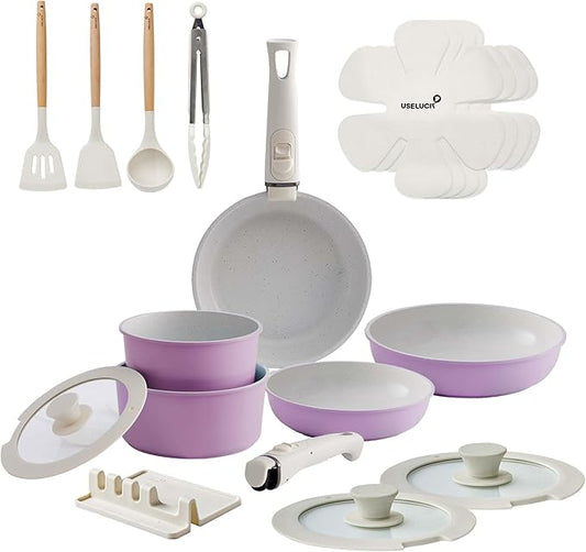 Pots and Pans Set Healthy Non toxic Non Stick Ceramic Cookware Set 21 Pcs Detachable Handles, Oven Safe, Induction Dishwasher, Stackable Frying Pan (PFOS, PFOA Free),Pink