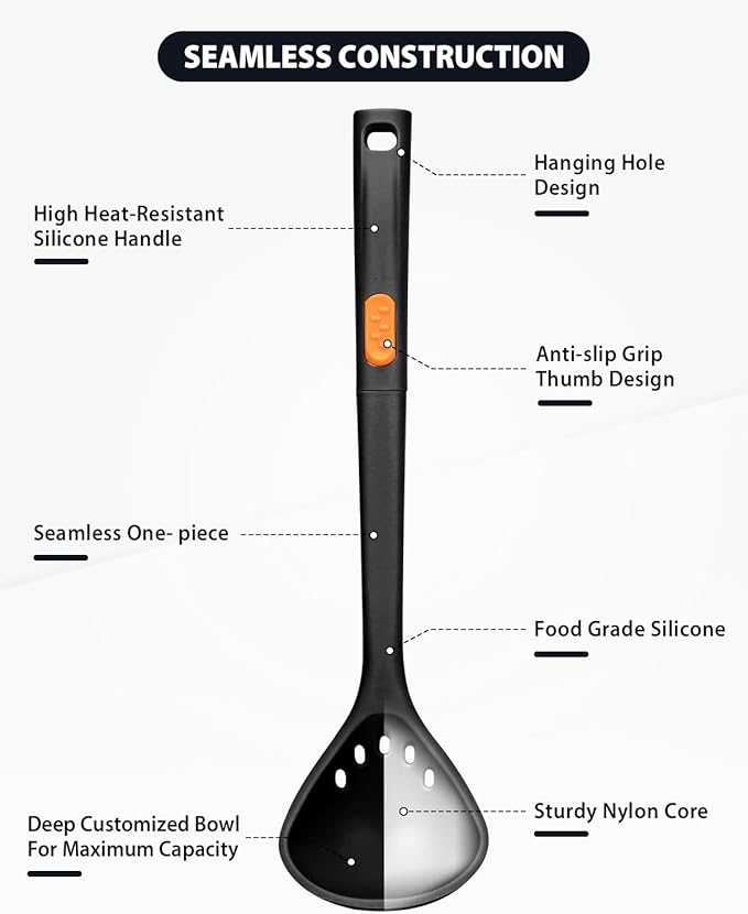 Silicone Pasta Fork and Ladle Spoon Set, Large Non Stick Kitchen Utensils for Cooking,Stirring,One Piece Serving Spaghetti, Soup, Sauce (BLACK)