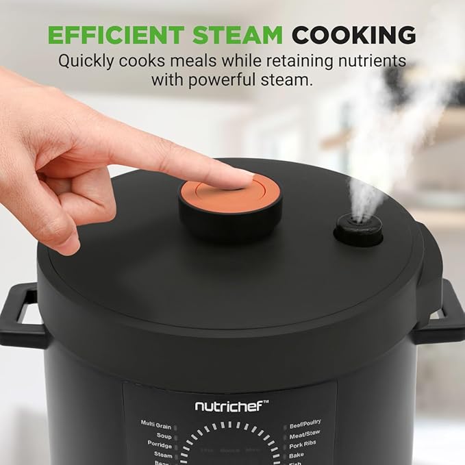 NutriChef Electric Pressure Cooker 6 Quart Capacity | 9 Function Digital Countertop Pressure Cooker | Adjustable Time & Temperature | Cook, Bake, Steam, & Braise | 13.1 x 11.4 IN | Black