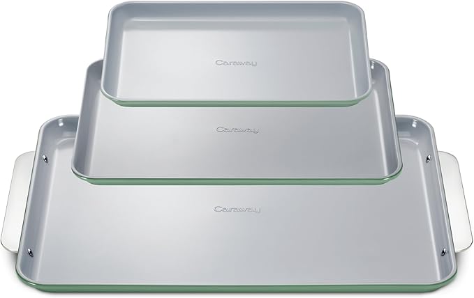 Caraway Non-Stick Ceramic Baking Sheet Trio - Naturally Slick Ceramic Coating - Non-Toxic, PTFE & PFOA Free - 18 x 13" Large, 15 x 10" Medium, & 9" x 13" Small - Sage