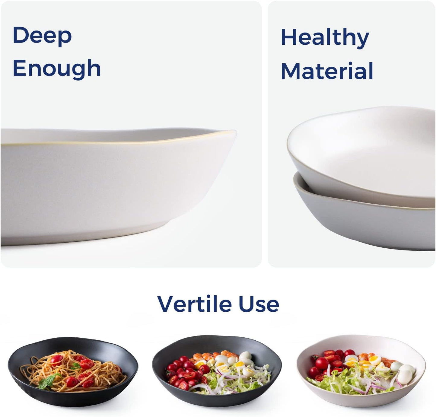 AmorArc 9.75'' Ceramic Large Pasta Bowls, 38oz Stoneware Flat Serving Bowls Set of 4, Oven,Microwave&Dishwasher Safe Bowls with Wavy Rim for Fruit Pasta Salad Meal, Matte White