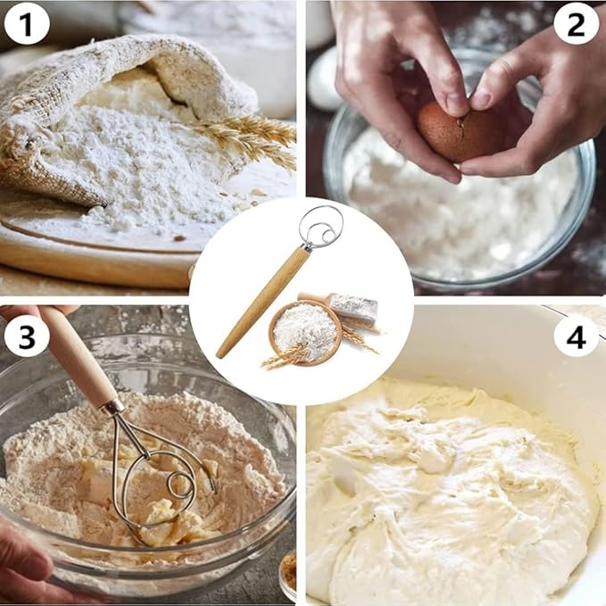 Danish Dough Whisk 13" Stainless Steel Bread Whisk Bread Making Tools Danish Dough Hook Bread Dough Mixer Hand Bread Dough Whisk for Pastry, Baking Cake, Dessert, Sourdough, Pizza, with Wooden Handle
