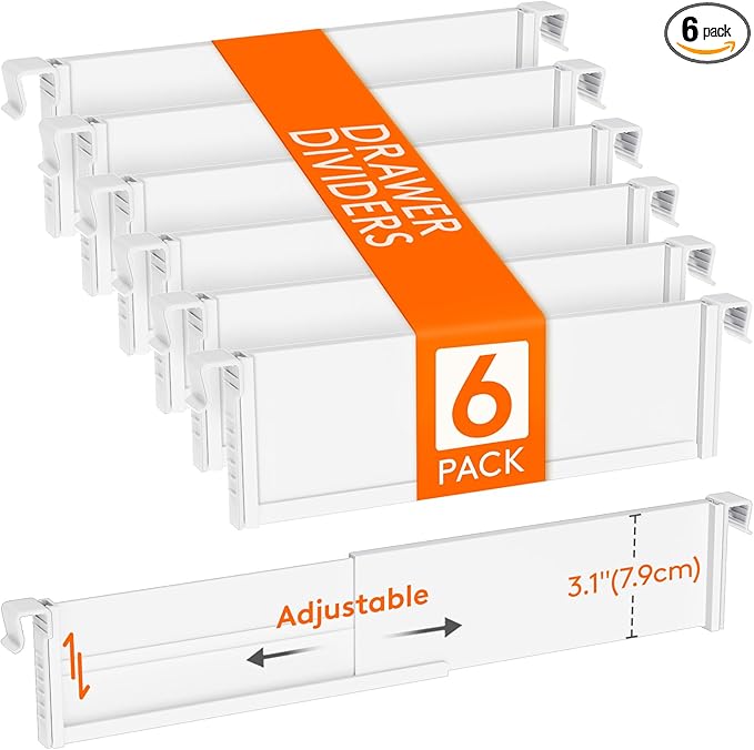 Lifewit Hanging Kitchen Drawer Dividers 3.1" High, 10-17" Adjustable Drawer Organizers for Utensils, Expandable Dresser Separators in Kitchen/Bedroom/Bathroom/Vanity/Office, White(6 Pack)