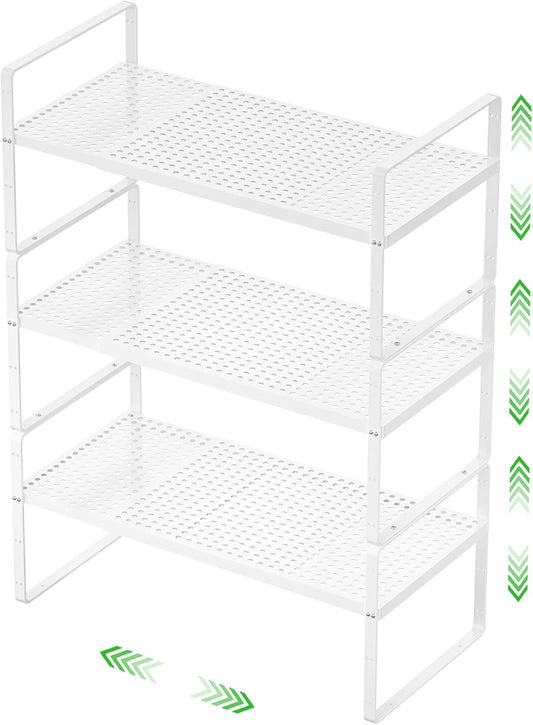 Expandable Cabinet Storage Shelf Stackable Organizer Rack for Kitchen Bathroom Pantry Spice Cupboard Coffee Countertop Home Office Desk Heavy Duty Nonslip White Small 3 Packs