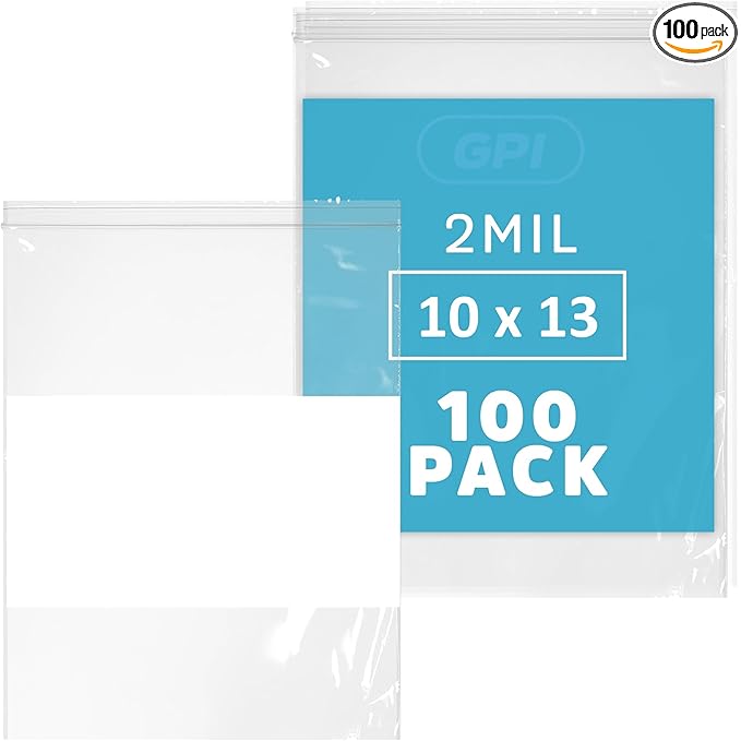10" x 13" Large Zip Bags, 2 Mil Thick Clear Plastic Reclosable Zipper Lock Bags with Write-on White Block, with Resealable Zip Top Lock for Food Storage & Office Supplies, 100 Count