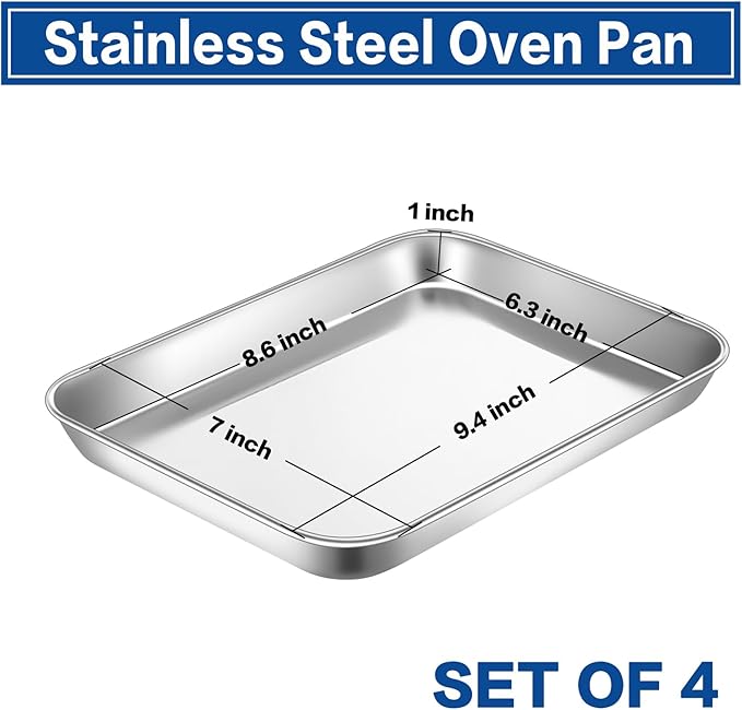 P&P CHEF 9 Inch Baking Cookie Sheet, Oven Pan Tray Stainless Steel Sheet Pan for Kitchen, Oven Bakeware for Multi Uses, Shiny Look & Dishwasher Safe, Healthy & Heavy Duty, 4Pcs