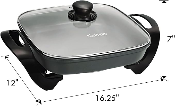 Kenmore Electric Skillet - Nonstick Frying Pan With Removable Glass Lid, Grill, Saute, Roast Chicken, Cook Pancake, 12x12" Temperature Control Easy Clean Countertop Kitchen Appliance