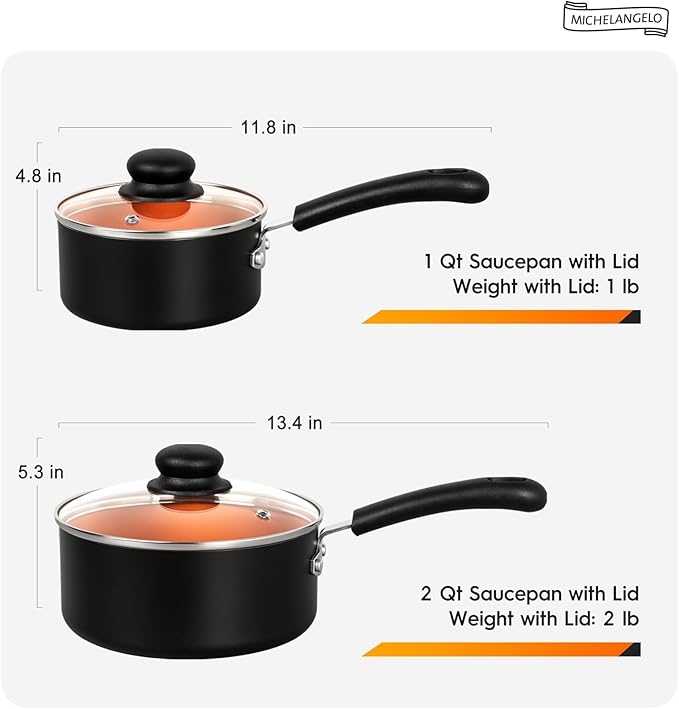 MICHELANGELO Nonstick Sauce Pan With Lid, 1QT&2QT Ceramic Saucepan, Copper Saucepans,PFAS-FREE Pot Set,Small Pots For Cooking,Multipurpose Cooking Pots Set For Home Kitchen,Dishwasher Safe