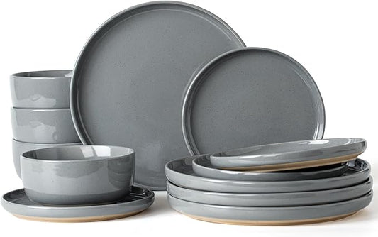 Famiware Milkyway Plates and Bowls Set, 12 Pieces Dinnerware Sets, Dishes Set for 4, Dark Gray