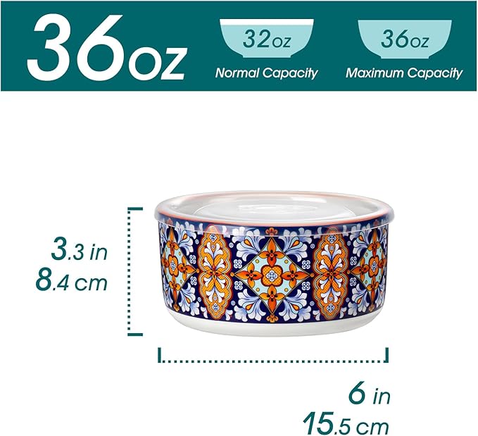 vancasso 36 oz Ceramic Bowls with Lids Set of 4, 6 Inch Food Storage Containers & Prep Bowls for Leftovers, Soup, Cereal, Meal Prep, Office Lunch, Microwave & Dishwasher Safe, Series SIMI