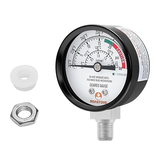 Roastove Black case Pressure Cooker Gauge, Pressure Canner Gauge, Steam Pressure Gauge, 2" Dial, Lower Mount, Including Gasket, Nut