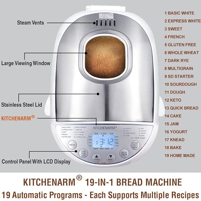 KITCHENARM 19-in-1 HANDY Bread Machine with Homemade Cycle and Gluten Free Setting - Beginner Friendly 2LB 1.5LB 1LB White Bread Maker Machine with Recipes and Delay Timer