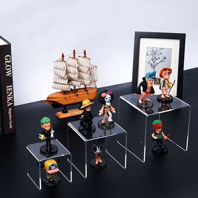 HIIMIEI Clear Acrylic Display Risers 2 Sets, 3-Tier Risers Stands Showcase for Amiibo Funko Pop Figures, Dessert, Jewelry-3"x4"x5"