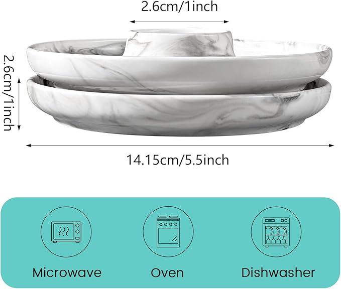 Cinf EggHolder & Spoon Set 2 Ceramic Egg Holders + 2 SS Spoons Breakfast Plate Marble 5.5'' Food Container Egg Tray Dinner Serving for Hard Boiled Eggs, Easter & Deserts Dish