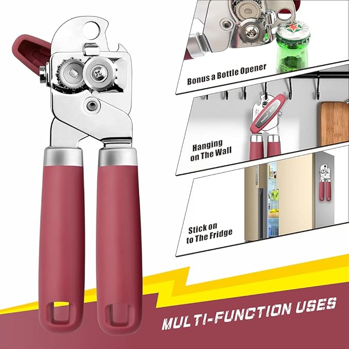 PrinChef Can Opener Manual, Can Tin Bottle Opener with Magnet - No-Trouble-Lid-Lift, Handheld Can Opener Smooth Edge with Sharp Blade, Heavy Duty and Easy to Use, for Seniors with Arthritis, Red