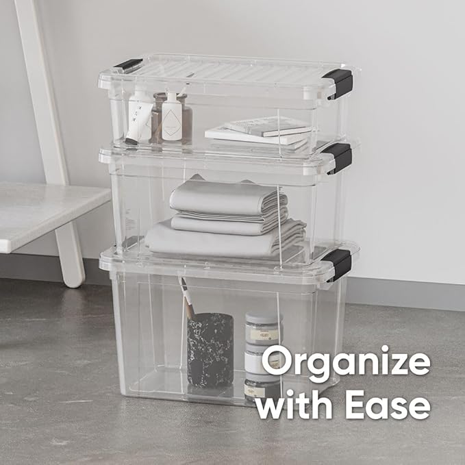 Superio Clear Storage Boxes with Lids, 8.75 Quart Plastic Container Bins for Organizing, Stackable Crates, BPA Free, Non Toxic, Odor Free, Organizers for Home, Office and Dorm, 4 Pack