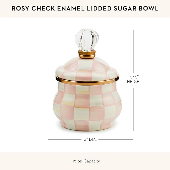MACKENZIE-CHILDS Enamel Lidded Sugar Bowl, Small Serving Bowl with Lid, 10-Ounce Capacity, Pink-and-White Rosy Check
