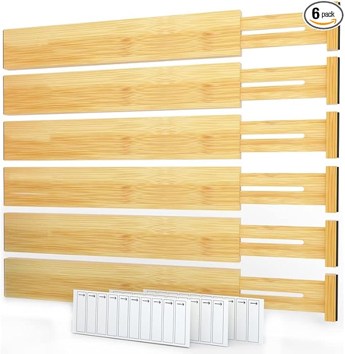 SpaceAid Bamboo Drawer Dividers with Labels, Kitchen Adjustable Drawer Organizers, Expandable Organization for Home, Office, Dressers and Bathroom, 6 Dividers (17-22 in)