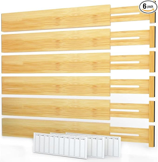 SpaceAid Bamboo Drawer Dividers with Labels, Kitchen Adjustable Drawer Organizers, Expandable Organization for Home, Office, Dressers and Bathroom, 6 Dividers (17-22 in)
