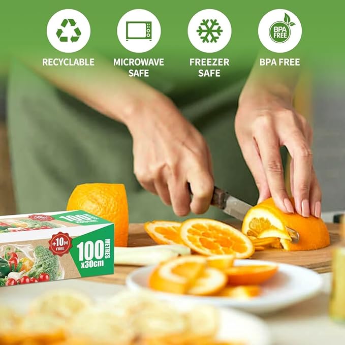 100% Compostable Plastic Cling Wrap Dispenser With Slide Cutter 12 inch Food Service Cling Film Wrap Roll - 12" x 360 Ft ECO friendly Food Wrap(The Slide Cutter stored in The Inner core of The roll)