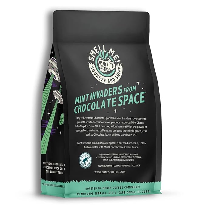Bones Coffee Company Mint Invaders, Mint Chocolate Chip Flavored Coffee, Medium Roast Low Acid Arabica Beans Compatible with Auto drip and French Press Coffee Maker, 12 Oz Whole Bean