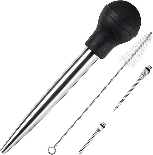 KAYCROWN Stainless Steel Turkey Baster Commercial Grade Quality Rubber Bulb Including 2 Marinade Injector Needles and Brush for Easy Clean Up