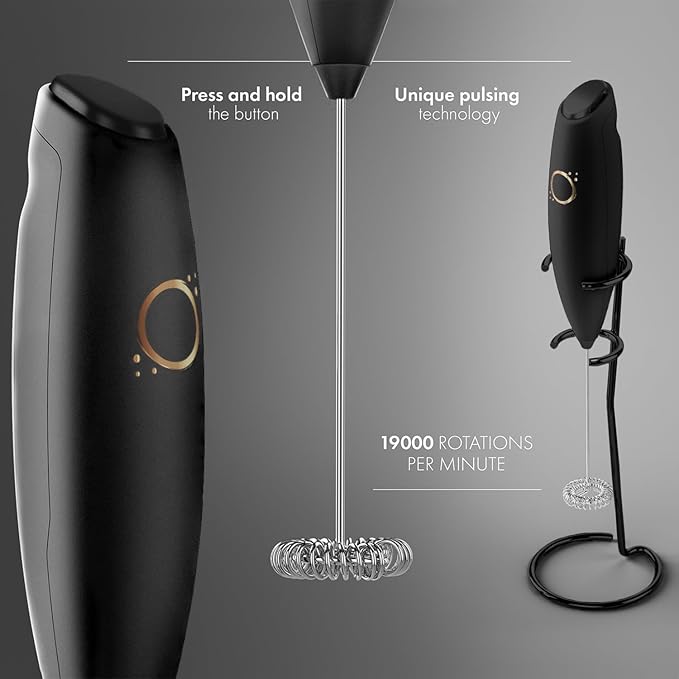 Milk Frother Matte Black - Coffee Frother Handheld with Electric Whisk - 19000 rpm - Book Recipes and Stainless Steel Stand Included - Hand Mixer Electric (Matte Black Onyx)