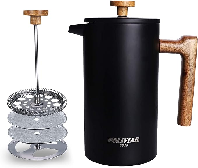 POLIVIAR French Press Coffee Maker, 34 Ounce Coffee Press with Real Wood Handle, Double Wall Insulation & Dual- Filter Screen, Food Grade Stainless Steel for Good Coffee and Tea (Vintage)