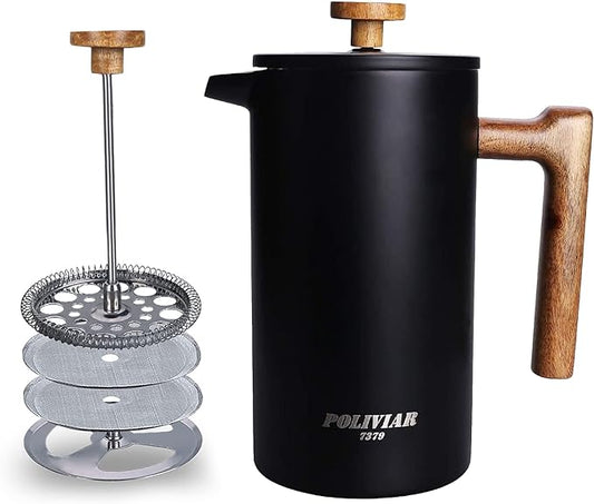 POLIVIAR French Press Coffee Maker, 34 Ounce Coffee Press with Real Wood Handle, Double Wall Insulation & Dual- Filter Screen, Food Grade Stainless Steel for Good Coffee and Tea (Vintage)