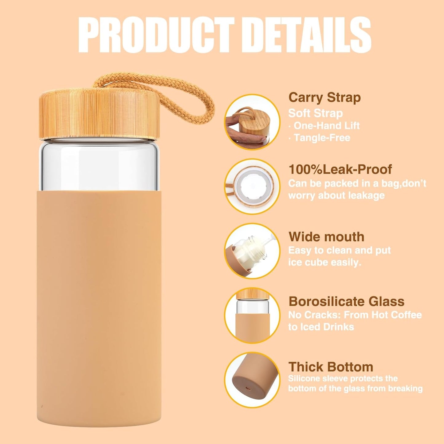 Tronco 20oz Glass Water Bottles with Bamboo Lid & Silicone Sleeve, Leak Proof, BPA Free, Reusable Borosilicate Glass Bottles for Juicing, Smoothies, Juice & Water, for Men & Women Gym, Office, Travel