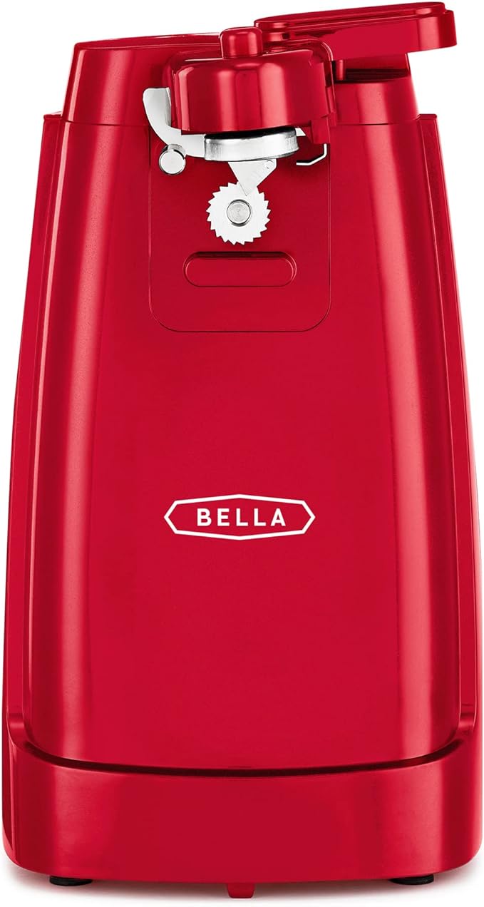BELLA Electric Can Opener and Knife Sharpener, Multifunctional Jar and Bottle Opener with Removable Cutting Lever and Cord Storage, Stainless Steel Blade, Red