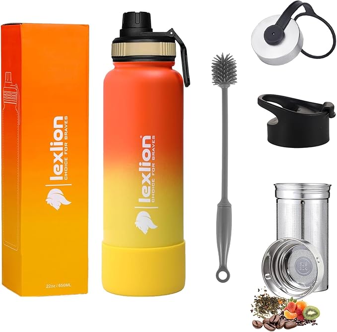 Lexlion Tea Infuser Bottle - Fruit Infusion Water Bottle 22 Oz, Triple Walled Insulated Stainless Steel Bottle, Thermal Leaf Infuser, Silicone Sleeve, 3 Lids Leakproof, Metal Mug Gallon