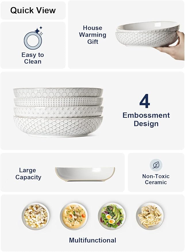 LE TAUCI Pasta Bowls 42oz, Large Salad Bowl, Ceramic Embossment Stoneware Serving Plate for Fruits, Noodle, Dinner, House-warming Wedding Present - 9 Inch, Set of 4, Arctic White