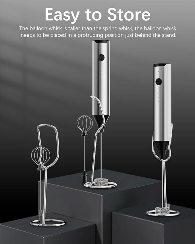 Rechargeable Milk Frother with Stand, Electric Frother Wand Handheld Coffee Foam Maker Detachable Stainless Steel Whisk Drink Mixer Foamer for Latte, Cappuccino, Hot Chocolate, Egg (Silver)