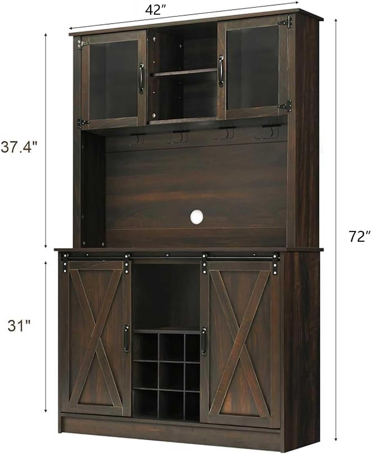 4ever2buy 72" Farmhouse Coffee Bar Cabinet with 2 Glass Doors & 9 Wine Racks, Tall Hutch Cabinet with Storage, Wine Bar with 4 Row Metal Glass Holder, Dark Oak