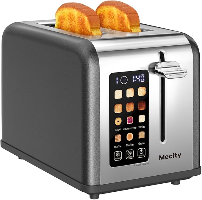 Mecity 2 Slice Touch Screen Toaster, 1.5" Wide Slot, Stainless Steel Smart Toaster for Bagels, Muffins, Waffles, Gluten-Free Breads, Defrost, Reheat, Timer, 120V 825W, Pearl Grey