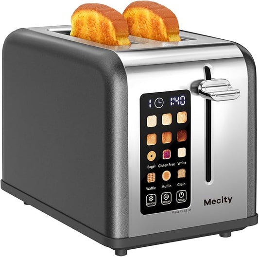 Mecity 2 Slice Touch Screen Toaster, 1.5" Wide Slot, Stainless Steel Smart Toaster for Bagels, Muffins, Waffles, Gluten-Free Breads, Defrost, Reheat, Timer, 120V 825W, Pearl Grey
